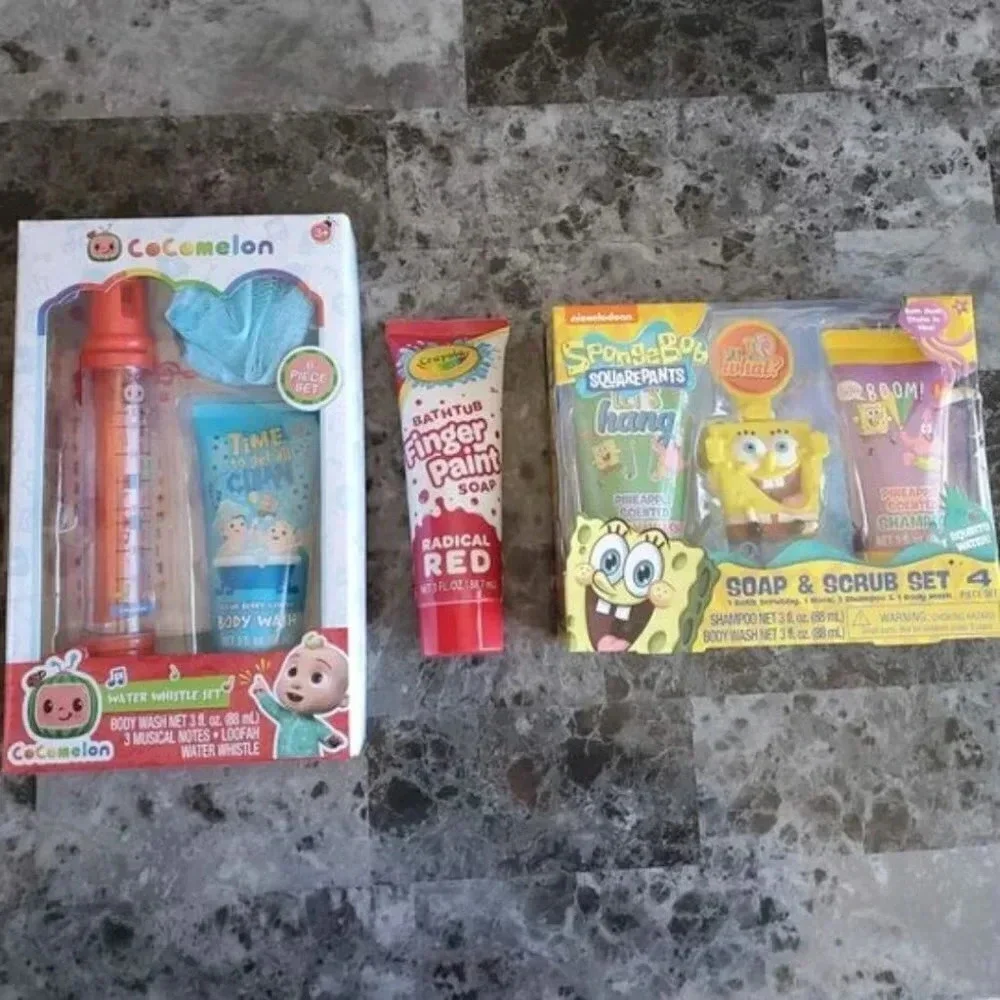 Cocomelon Water Whistle, SpongeBob Soap and Scrub, Red Bath Paint